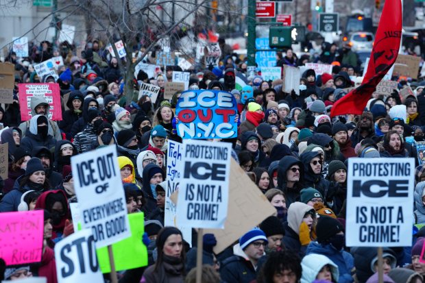 Anti-ICE protesters are pictured at Foley Square in Manhattan, New York, on Friday, Jan. 30, 2026. (Barry Williams / New York Daily News)