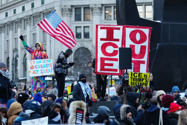 Anti-ICE protesters are pictured at Foley Square in Manhattan, New York, on Friday, Jan. 30, 2026. (Barry Williams / New York Daily News)