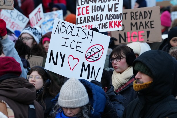 Anti-ICE protesters are pictured at Foley Square in Manhattan, New York, on Friday, Jan. 30, 2026. (Barry Williams / New York Daily News)