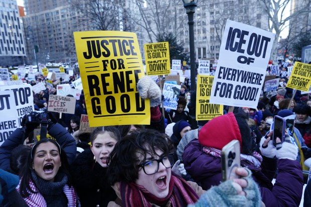 Anti-ICE protesters are pictured at Foley Square in Manhattan, New York, on Friday, Jan. 30, 2026. (Barry Williams / New York Daily News)