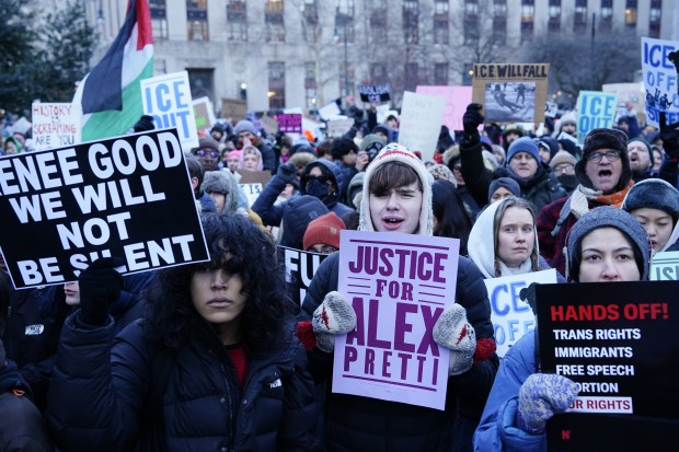 Anti-ICE protesters are pictured at Foley Square in Manhattan, New York, on Friday, Jan. 30, 2026. (Barry Williams / New York Daily News)