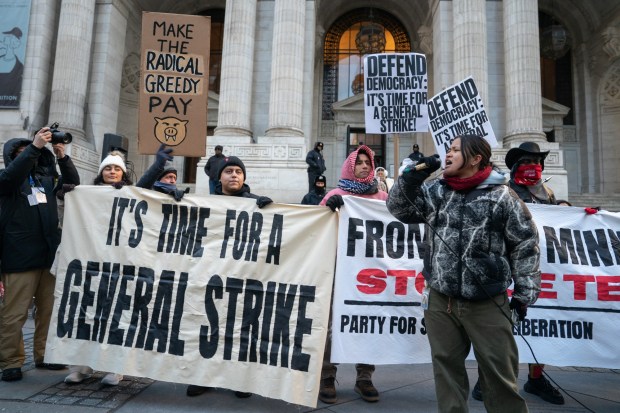 Anti-Donald Trump protesters gather near the 42nd St. library in Midtown Manhattan on Tuesday, January 20, 2026 in New York City. (Barry Williams/ New York Daily News)