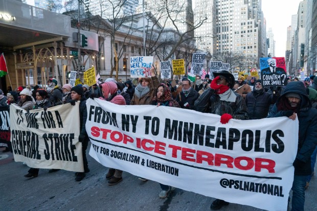 Anti-Donald Trump protesters gather near the 42nd St. library in Midtown Manhattan on Tuesday, January 20, 2026 in New York City. (Barry Williams/ New York Daily News)