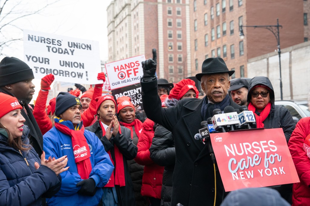 Rev. Al Sharpton joins nurses in rally for fair wages outside Mr. Sinai in Manhattan