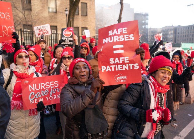Nurses from New York Presbyterian walk the picket line outside the Washington Heights medical center on Monday, January 12, 2026 in New York. (Barry Williams/ New York Daily News)