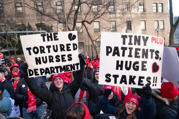 Nurses from New York Presbyterian walk the picket line outside the Washington Heights medical center on Monday, January 12, 2026 in New York. (Barry Williams/ New York Daily News)