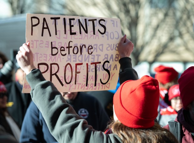 Nurses from New York Presbyterian walk the picket line outside the Washington Heights medical center on Monday, January 12, 2026 in New York. (Barry Williams/ New York Daily News)
