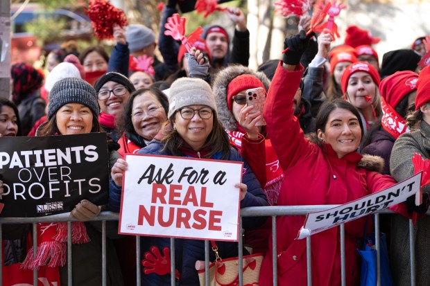 Nurses from New York Presbyterian walk the picket line outside the Washington Heights medical center on Monday, January 12, 2026, in New York. (Barry Williams/ New York Daily News)