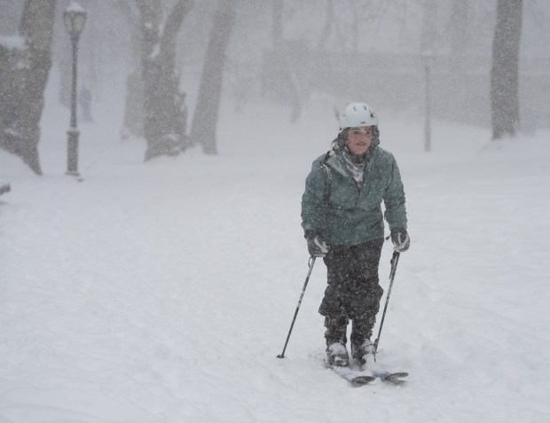 A skier makes her way in Central Park near The Met Sunday, January 25, 2026 in Manhattan, New York, New York. (Barry Williams/ New York Daily News)