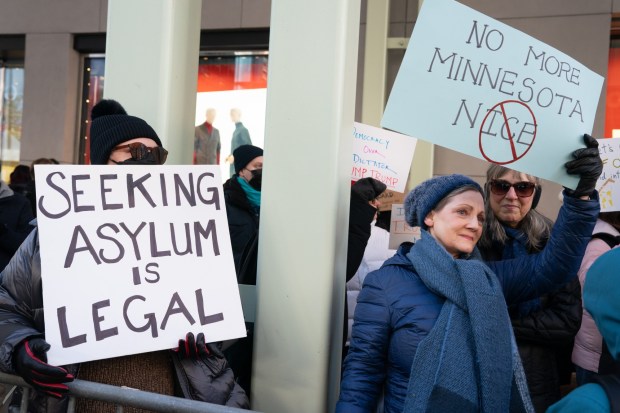 Anti-Donald Trump protesters gather outside Trump Tower in Midtown Manhattan on Tuesday, Jan. 20, 2026. (Barry Williams/ New York Daily News)