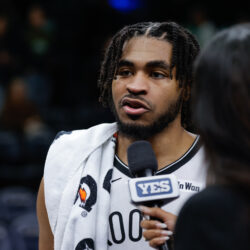 Brooklyn Nets guard Cam Thomas is interviewed after an NBA basketball game against the Minnesota Timberwolves, Saturday, Dec. 27, 2025, in Minneapolis. (AP Photo/Bailey Hillesheim)