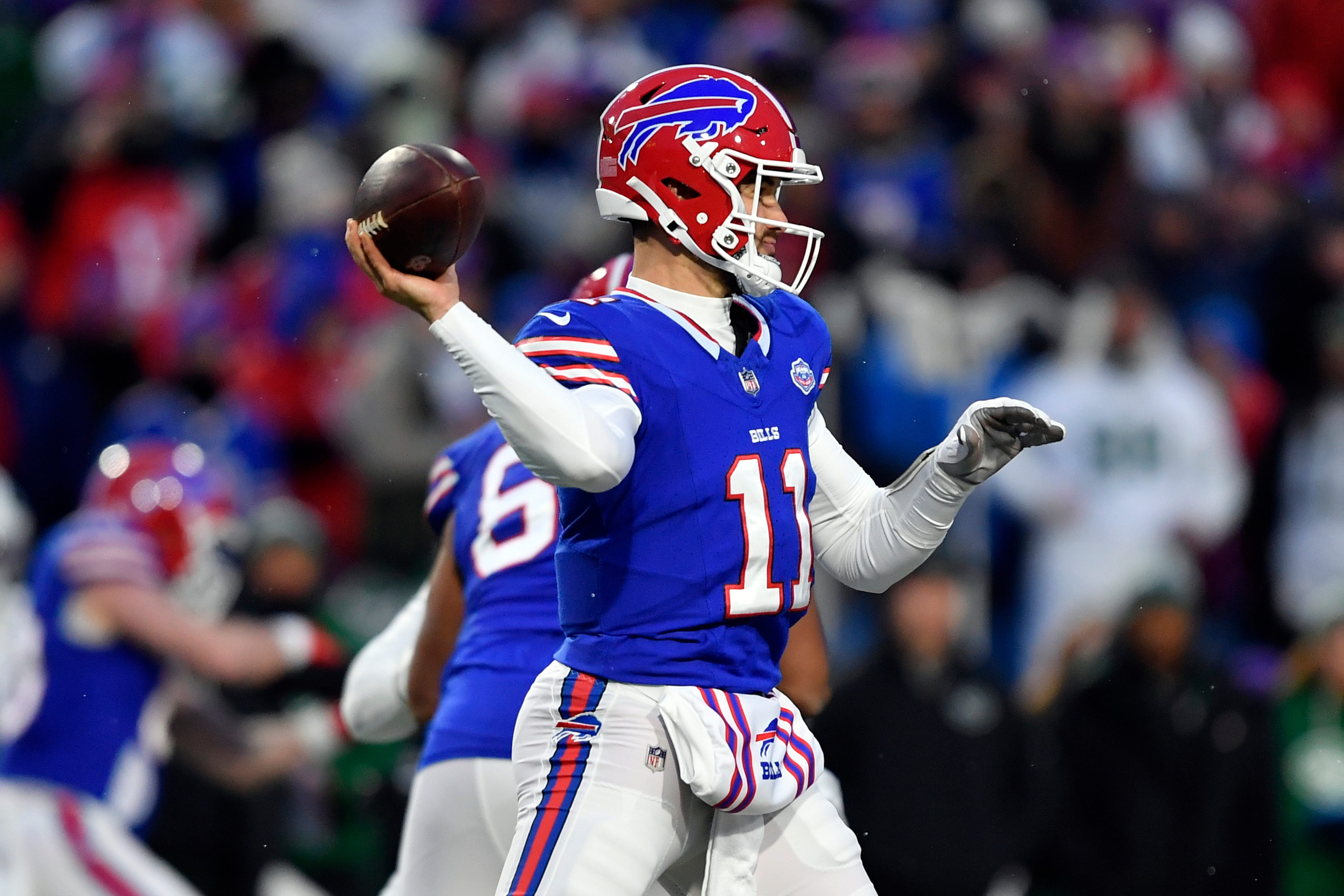 Buffalo Bills quarterback Mitchell Trubisky (11) passes against the New York Jets in the first half of an NFL football game Sunday, Jan. 4, 2026, in Orchard Park, N.Y. (AP Photo/Adrian Kraus)