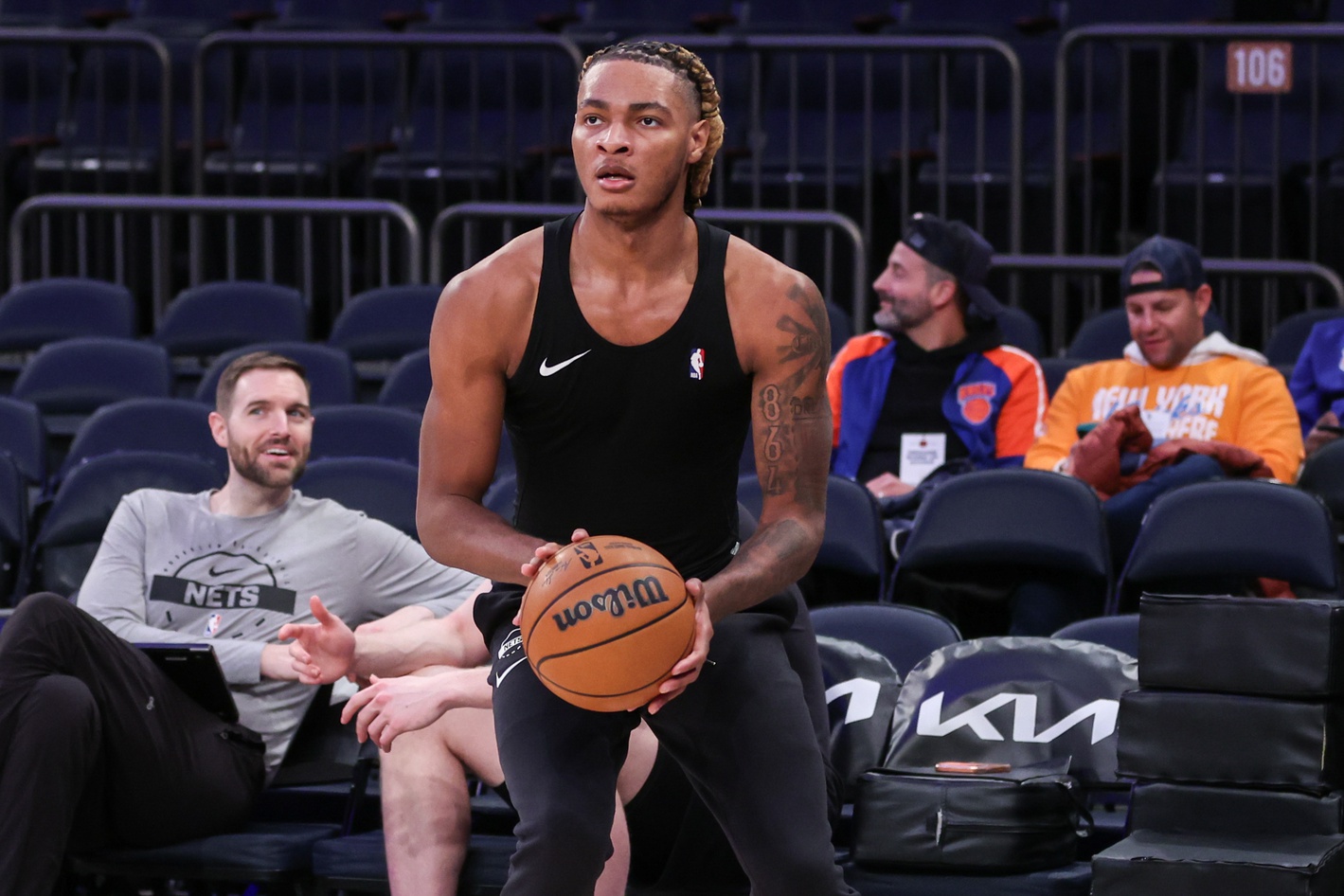 Brooklyn Nets forward Noah Clowney (21) warms up prior to the game against the New York Knicks at Madison Square Garden.