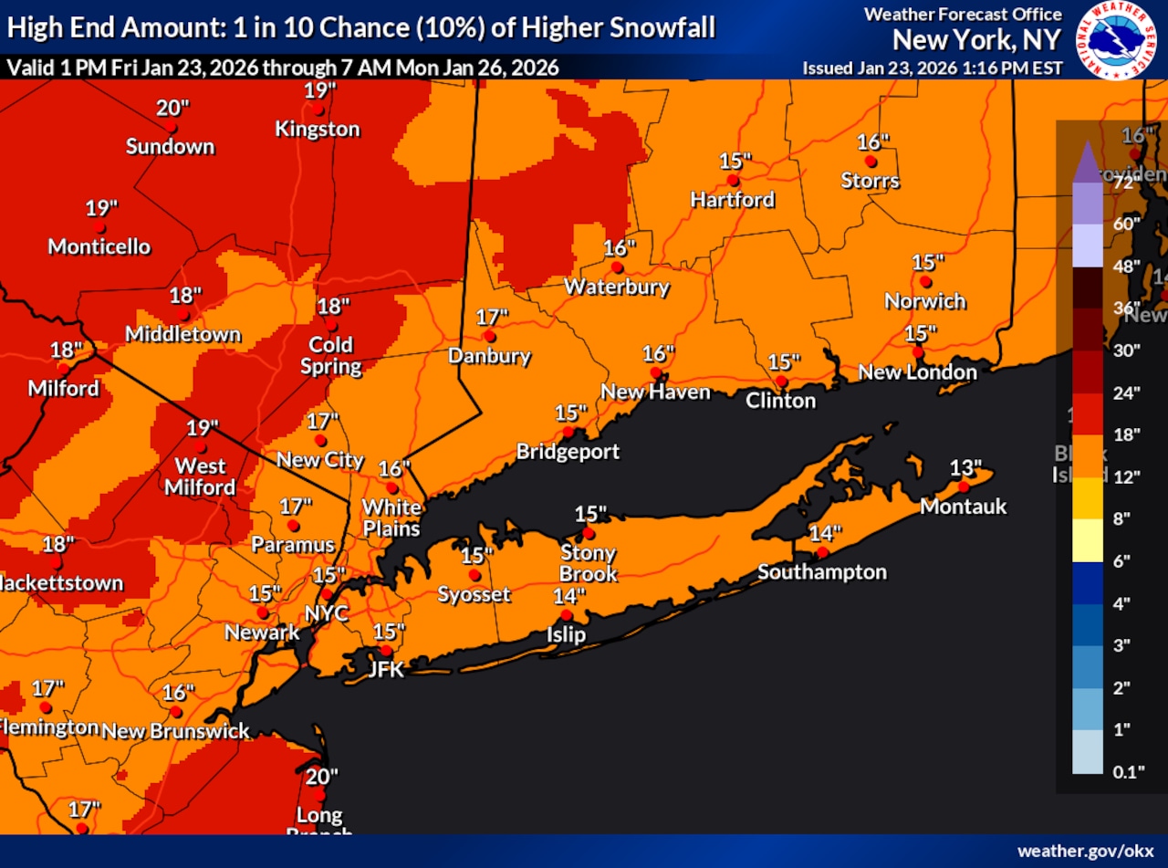 NWS odds of snowfall amounts in NYC for Sunday, jan. 25, 2026