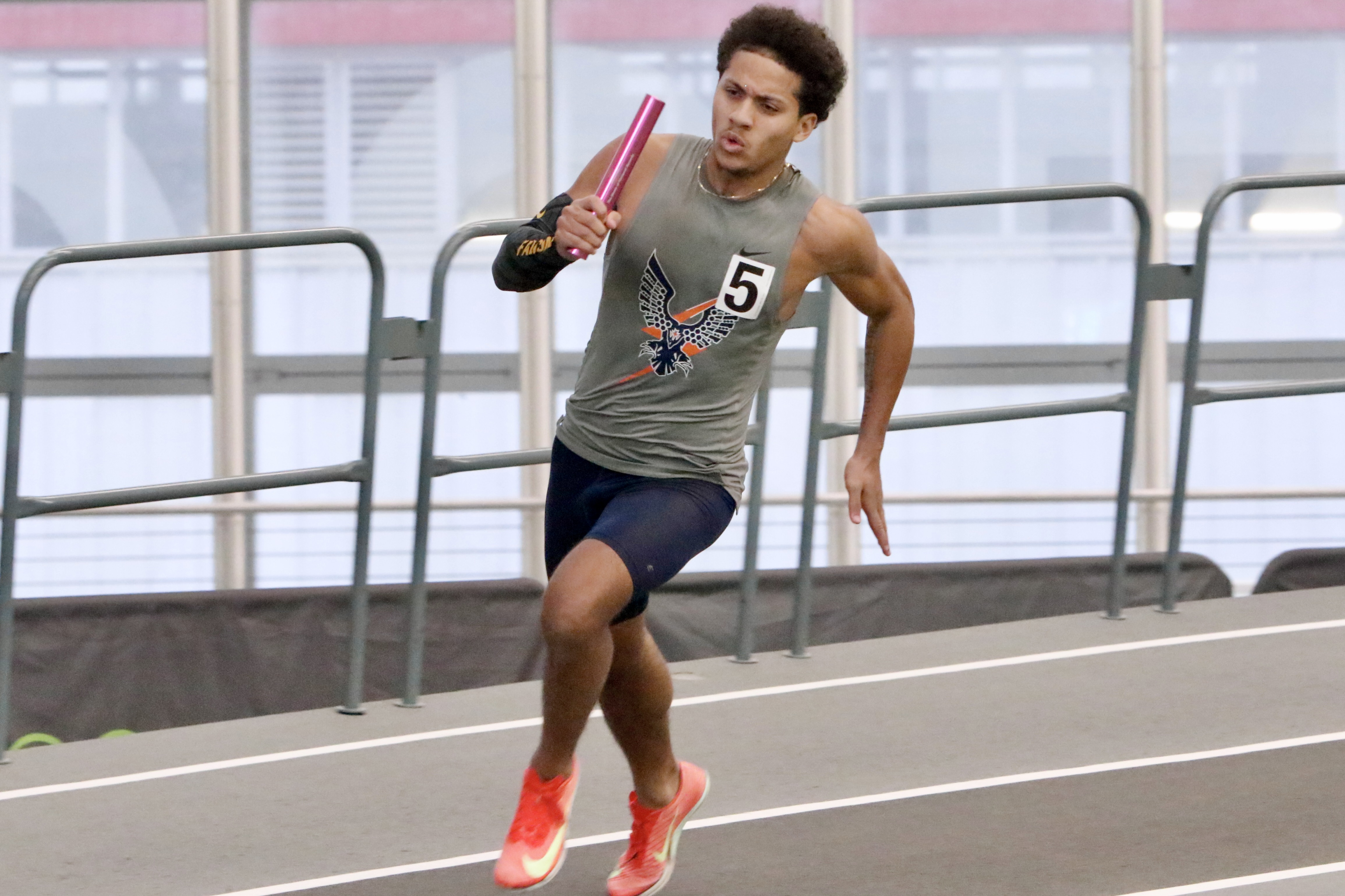 Susan Wagner Christopher Graydon runs a leg of the Falcons' 4x200 meter relay at the Staten Island High School Indoor Track and Field Championship on Jan. 18, 2026.