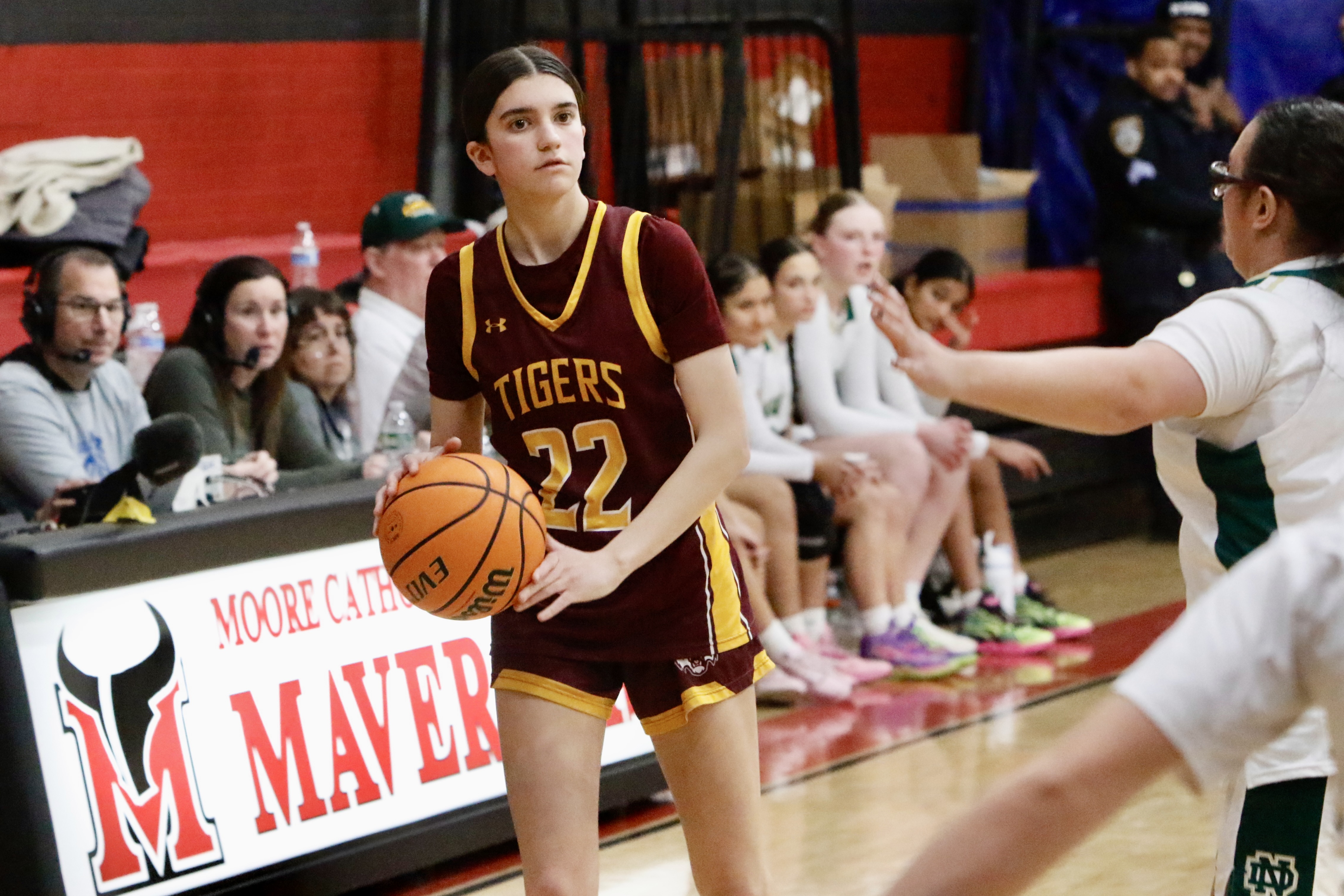 Staten Island Academy's Carly Factor looks to make a pass during a Borough President's Cup game against New Dorp on Jan. 23, 2025.