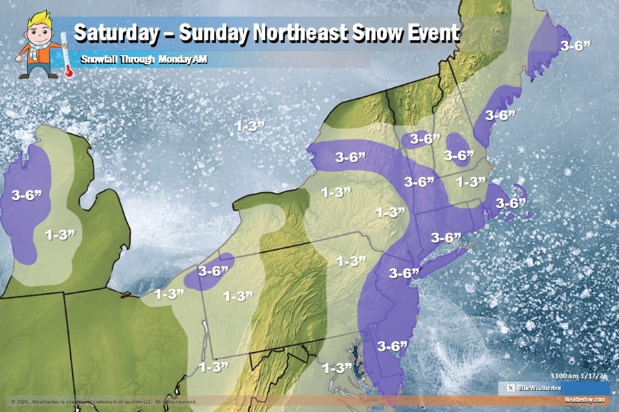 Snowfall totals for the northeast through to Monday morning from two separate snow events.  Image: Weatherboy