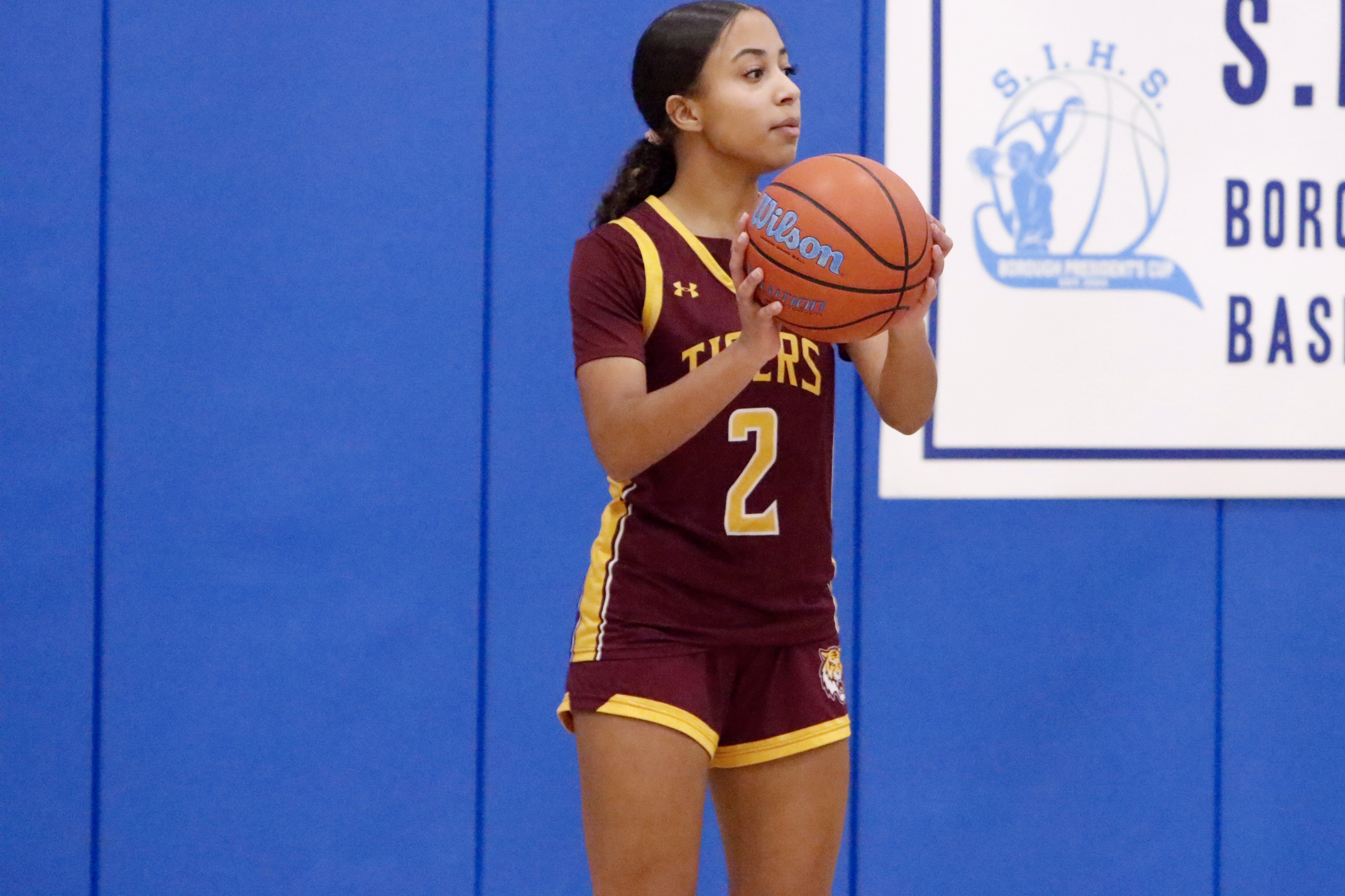 Staten Island Academy's Rita Moschella looks to inbound the ball during a Borough President's Cup quarterfinal meeting vs. Curtis on Jan. 27, 2025.