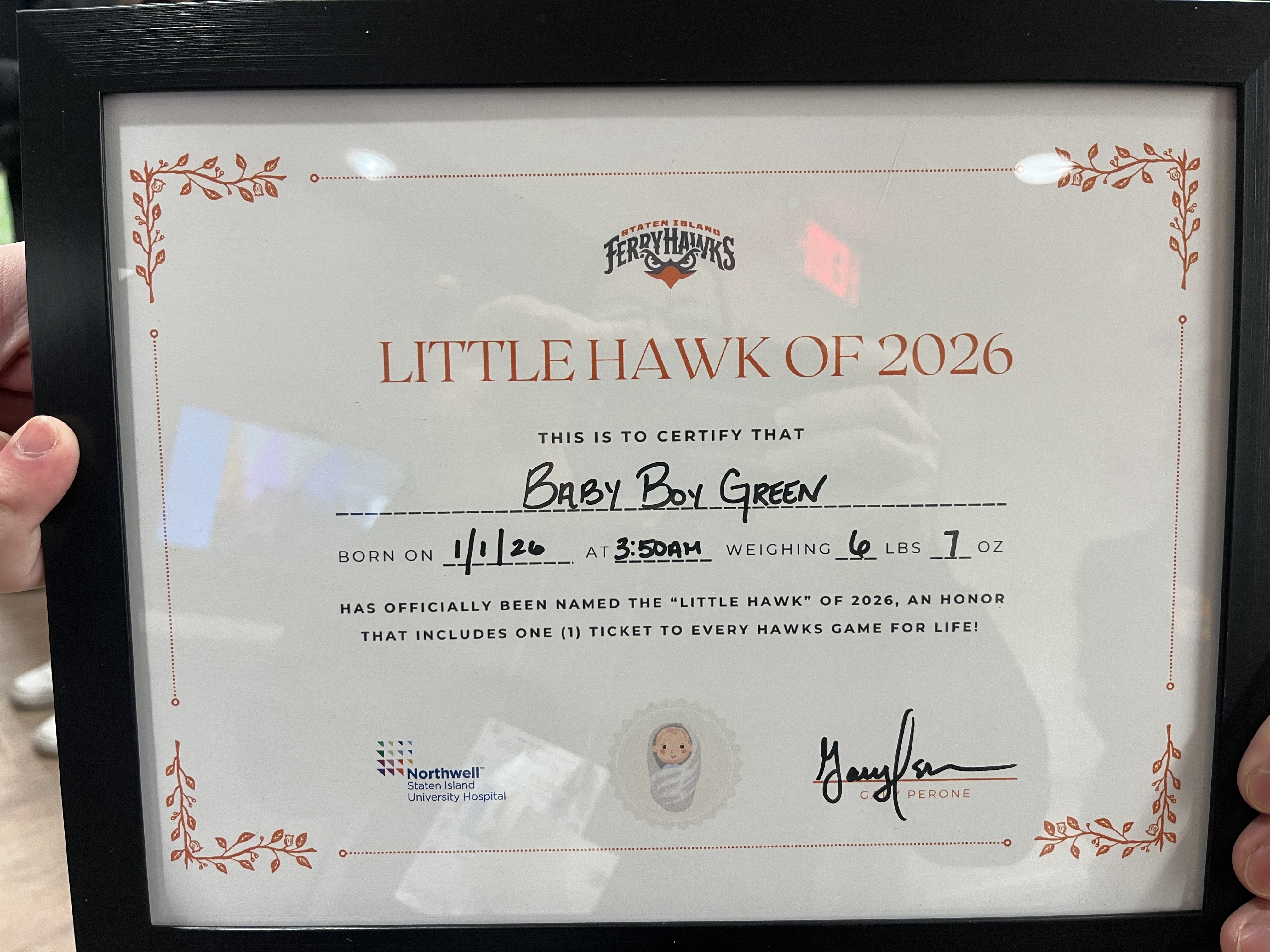 Baby boy Green was born on Thursday, Jan. 1, at 3:50 a.m. at Northwell Staten Island University Hospital, Ocean Breeze. The Staten Island Ferry Hawks general manager and front office staff visited them today to declare the baby, Little Hawk of 2026.  The couple is originally from Australia and currently lives in Brooklyn. (Advance/SILive.com | Jan Somma-Hammel)
