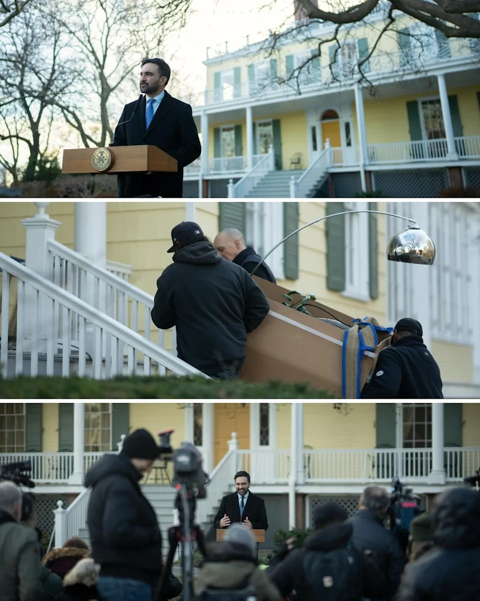 A triptych of photos of Zohran Mamdani and Rama Duwaji moving into Gracie Mansion