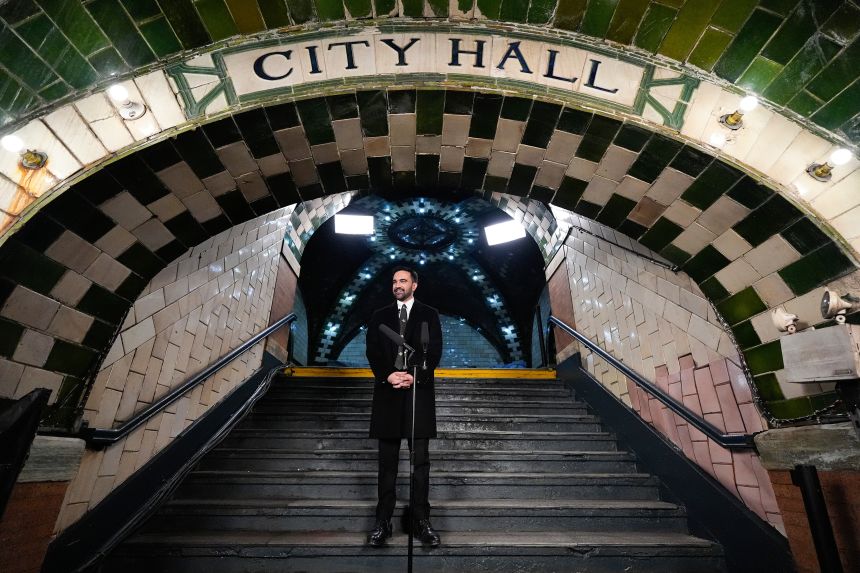 New York Mayor Zohran Mamdani speaks after taking the oath of office inside the the Old City Hall subway station, New York, on January 1.