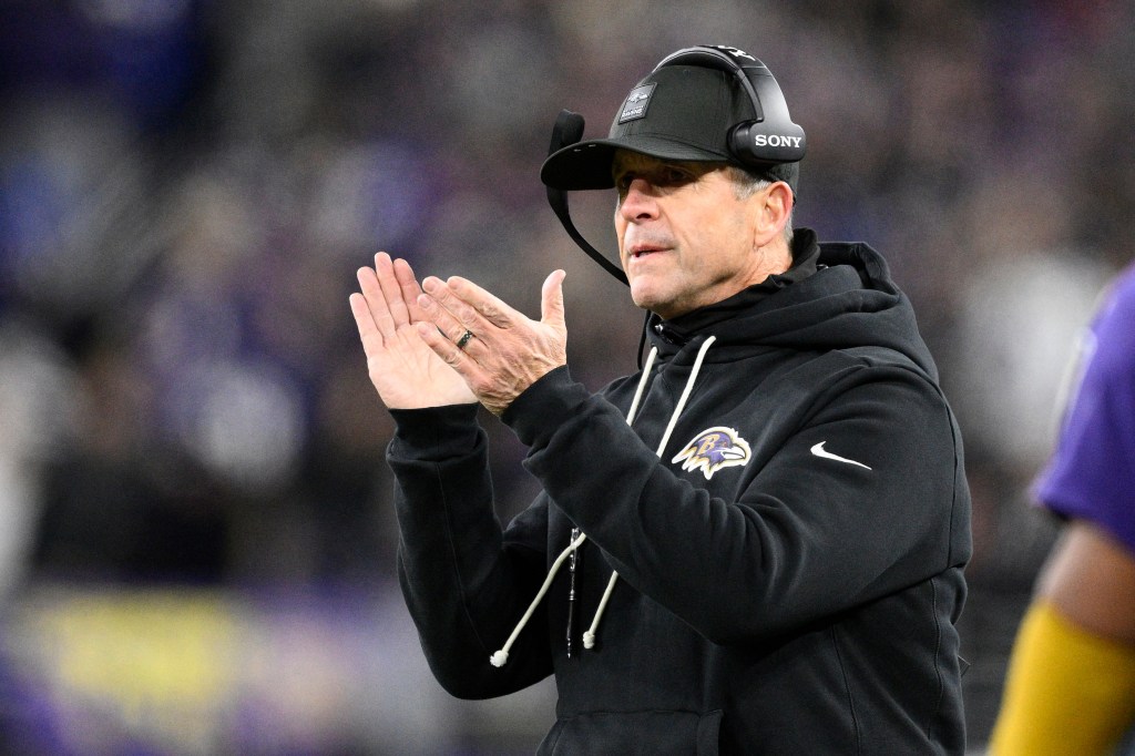 Baltimore Ravens head coach John Harbaugh on the sideline.