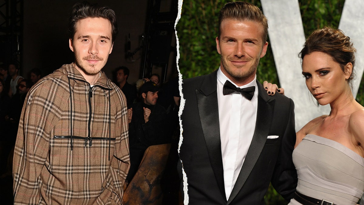 A split image of Brooklyn Beckham and David and Victoria Beckham