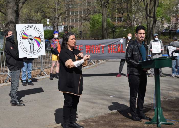 Brian Romero speaks at a 2020 protest against Samaritan’s Purse for requiring workers to sign an anti-LGBTQ Statement of Faith during the early days of COVID.