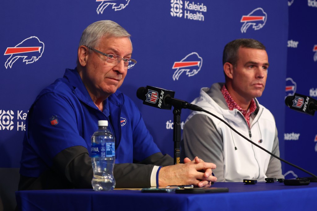Terry Pegula and Brandon Beane at a press conference.