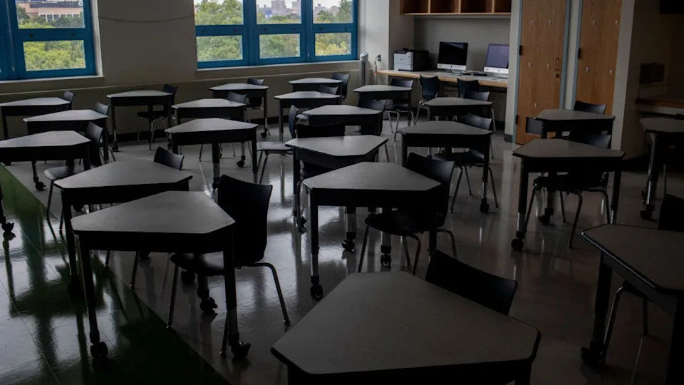 <div>QUEENS, NEW YORK: An empty classroom is part of the preparation for the return of in-person learning at Public School 143. (Photo by Andrew Lichtenstein/Corbis via Getty Images)</div>