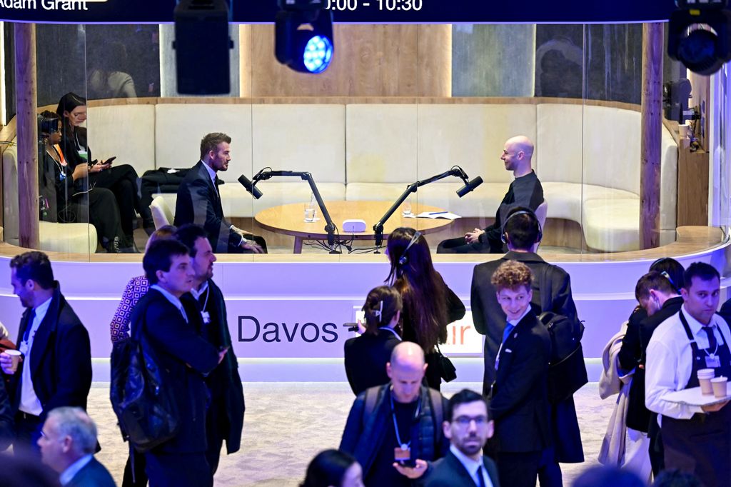David Beckham records a podcast during the World Economic Forum (WEF) annual meeting in Davos 