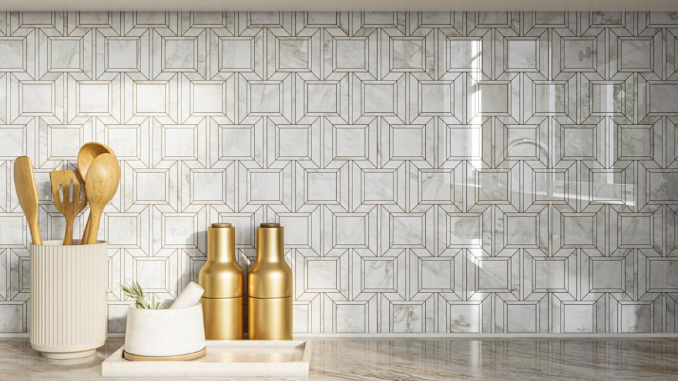 <a href="https://www.flooranddecor.com/available-in-store-only/empire-bianco-orion-polished-marble-mosaic-101000347.html" rel="nofollow noopener" target="_blank" data-ylk="slk:A Crème Brûlée Kitchen featuring Floor & Decor’s;elm:context_link;itc:0;sec:content-canvas" class="link ">A Crème Brûlée Kitchen featuring Floor & Decor’s </a><a href="https://www.flooranddecor.com/available-in-store-only/empire-bianco-orion-polished-marble-mosaic-101000347.html" rel="nofollow noopener" target="_blank" data-ylk="slk:Bianco Orion Polished Marble Mosaic;elm:context_link;itc:0;sec:content-canvas" class="link ">Bianco Orion Polished Marble Mosaic</a>, <a href="https://www.flooranddecor.com/cabinet-samples/peachtree-painted-bright-white-cabinet-door-sample-101327252.html" rel="nofollow noopener" target="_blank" data-ylk="slk:Peachtree White;elm:context_link;itc:0;sec:content-canvas" class="link ">Peachtree White</a> cabinetry and <a href="https://www.flooranddecor.com/sugarhill-stained-sugar-cookie-cabinet-door-sample-101328912.html" rel="nofollow noopener" target="_blank" data-ylk="slk:Sugarhill Sugar Cookie;elm:context_link;itc:0;sec:content-canvas" class="link ">Sugarhill Sugar Cookie</a> cabinetryFloor & Decor