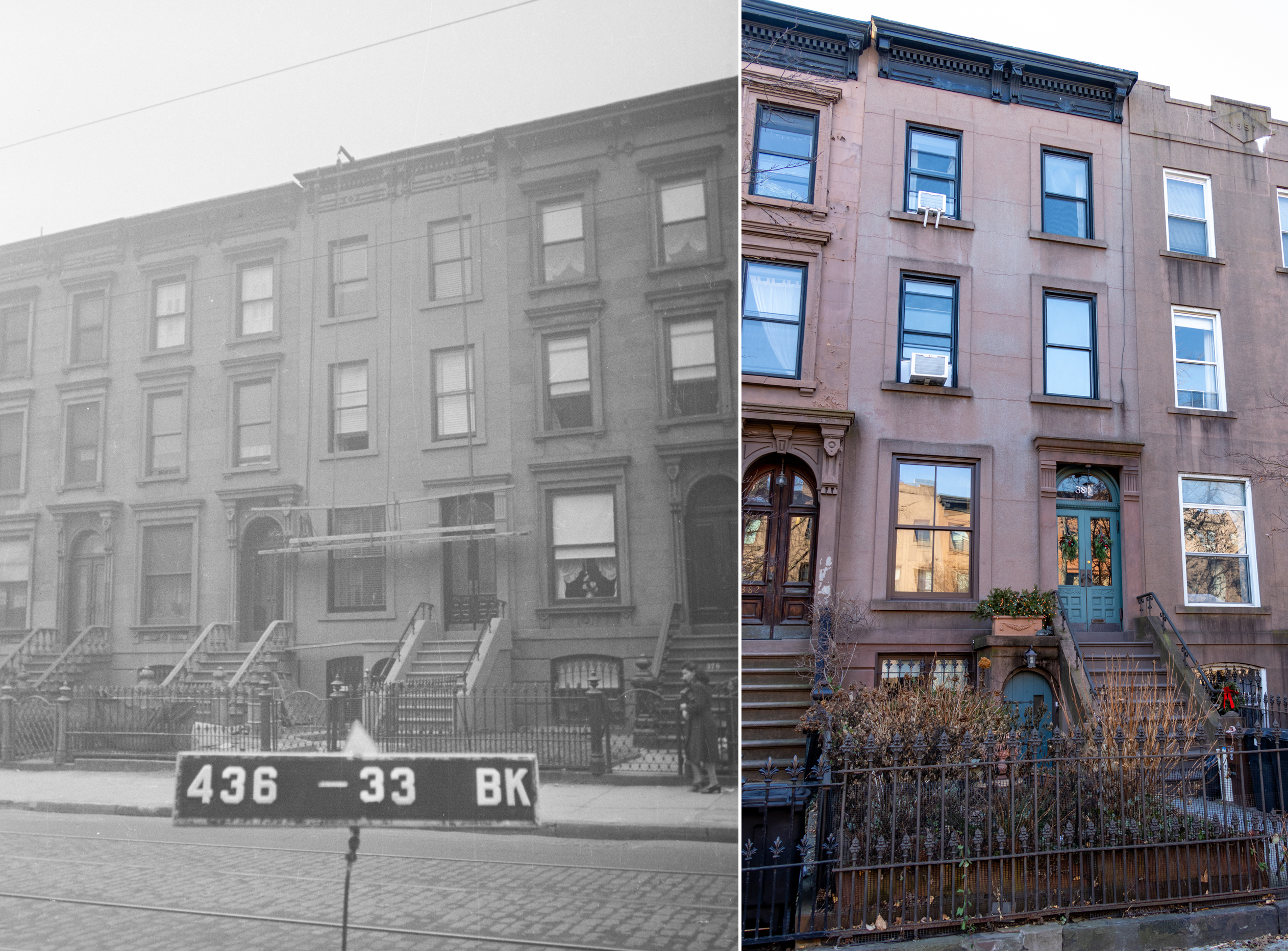 a black and white photo and a color photo of a brownstone