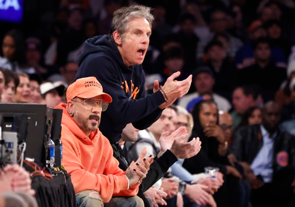 Comedian Ben Stiller reacts on celebrity row during the first half when the New York Knicks played the Phoenix Suns Saturday, January 17, 2026 at Madison Square Garden.