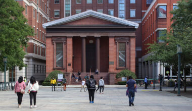 people walking in front of a temple front building