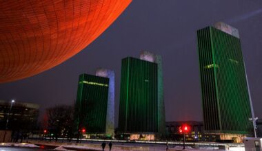 the egg and buildings at the empire state plaza illuminated for martin luther king jr. day