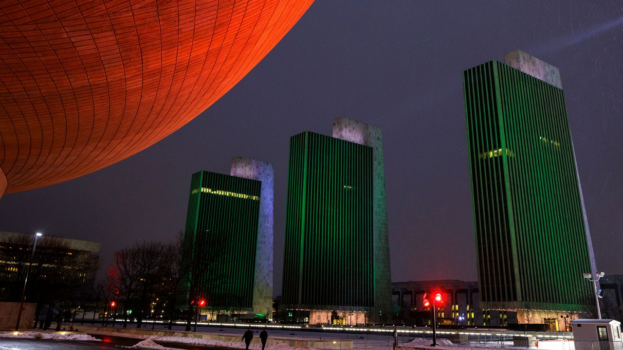 the egg and buildings at the empire state plaza illuminated for martin luther king jr. day
