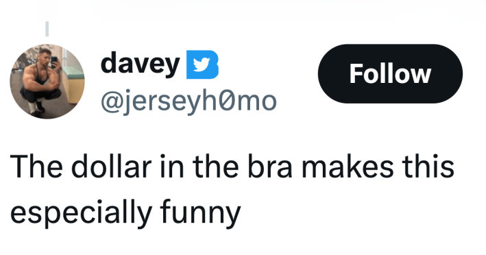 Tweet that reads, "The dollar in the bra makes this especially funny."