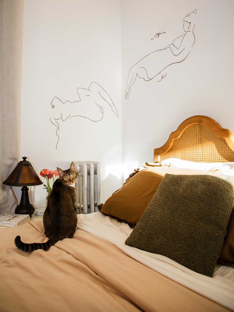 A cozy bedroom featuring a cat on a bed with brown and cream bedding, decorative pillows, and wall art of abstract figures.