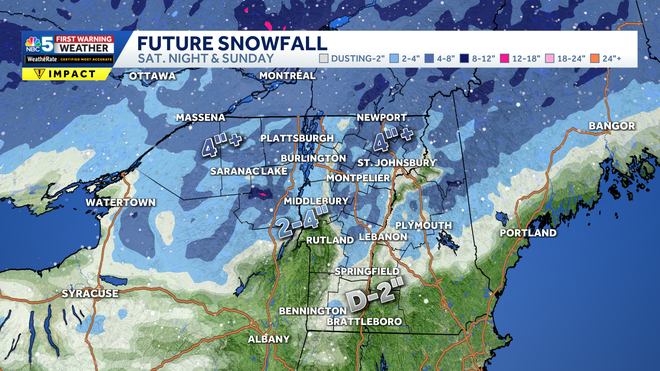 Forecast snow accumulations from ﻿Saturday night through Sunday afternoon.