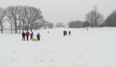 people walking up frear park hill in the snow, carrying sleds