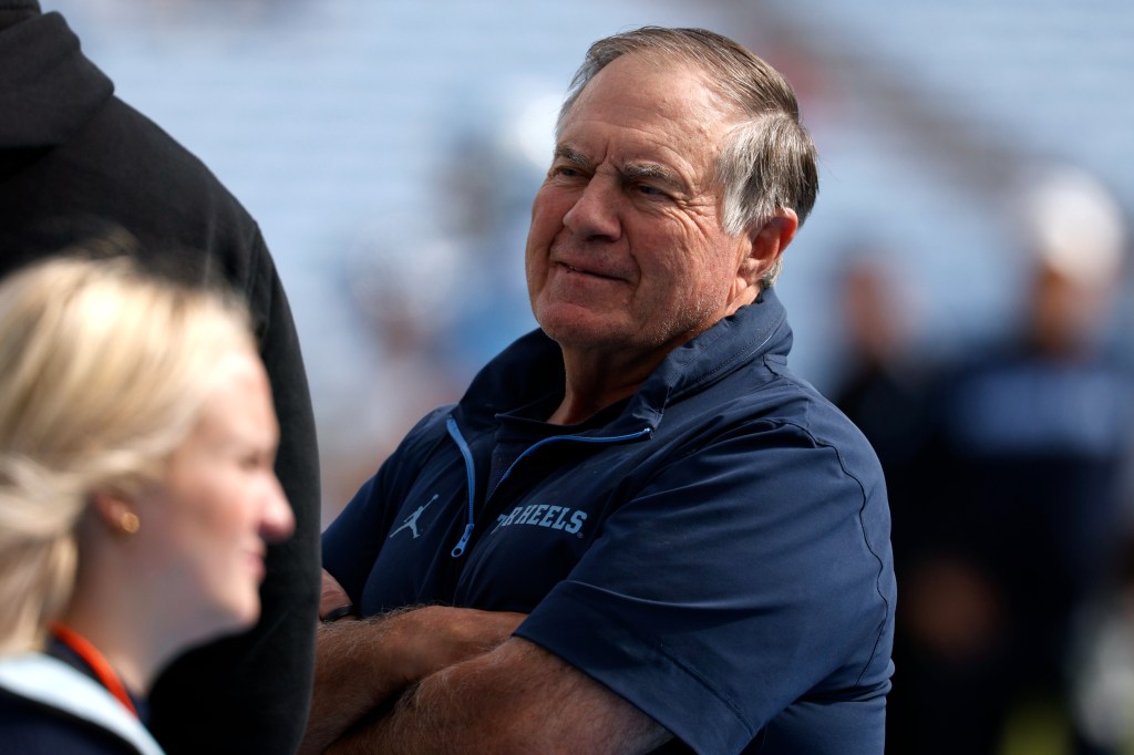 Head coach Bill Belichick of the North Carolina Tar Heels watches from the sidelines.