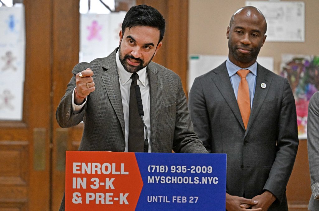 Mayor Mamdani speaking at a press conference with Schools Chancellor Kamar Samuels regarding free childcare programs.