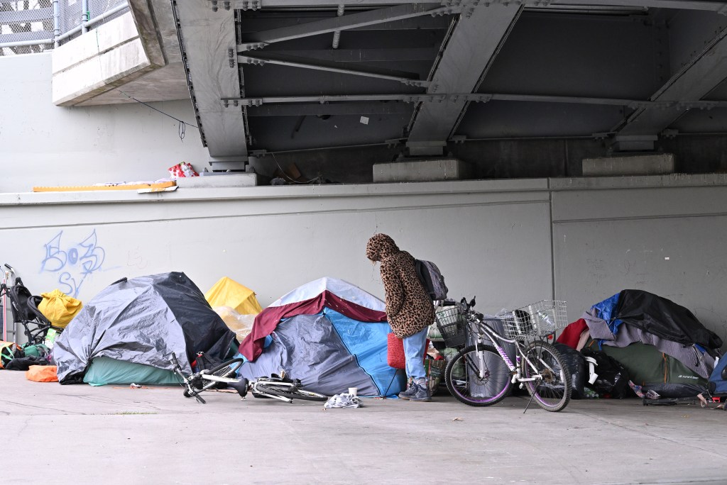 Homeless encampment under an overpass in Brighton Beach, Brooklyn.