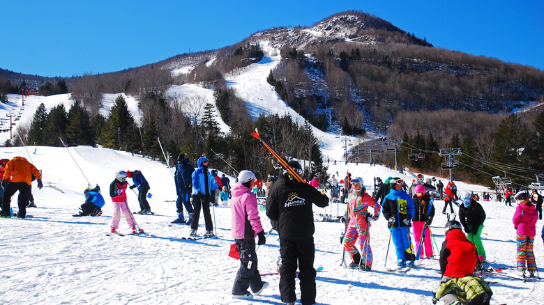 A large group of skiers at the base of Hunter Mountain