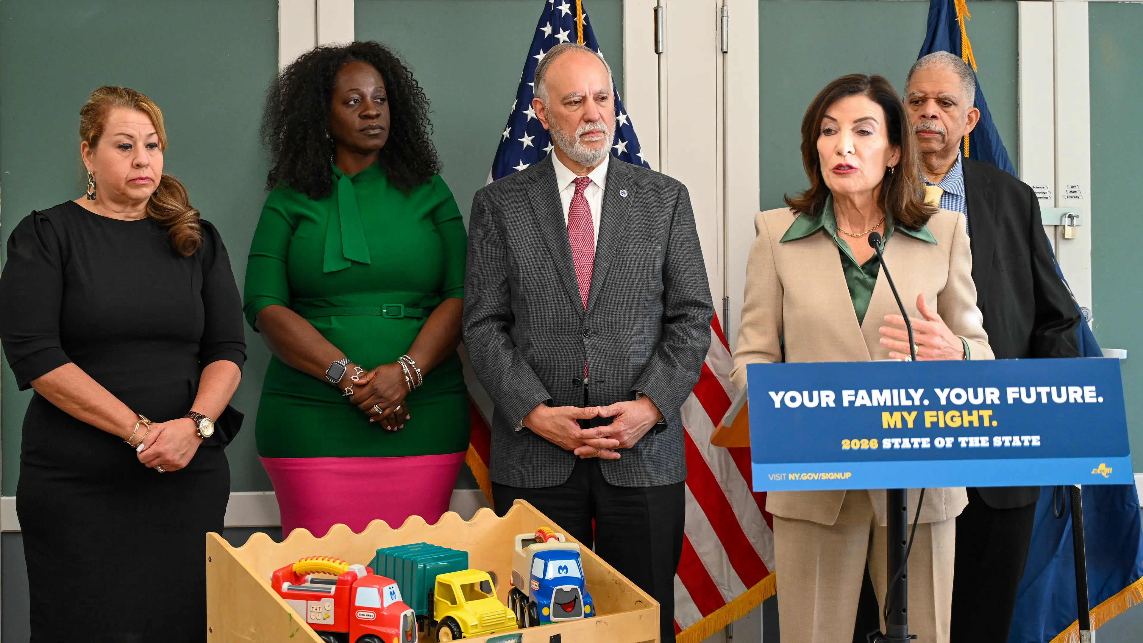 left to right: Child center director, York College president, CUNY chancellor,  Gov. Hochul