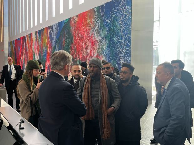 Public Advocate Jumaane Williams tries to enter the World Trade Center to attend the press conference with Secretary of Homeland Security Kristi Noem on Thursday, Jan. 8, 2025. 