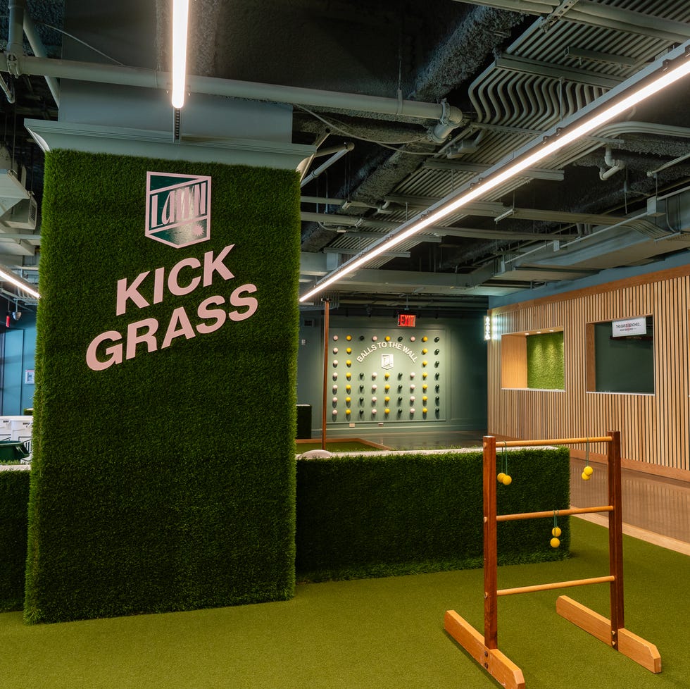 indoor recreational area with artificial grass and sports elements