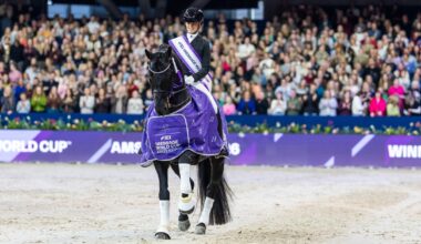 A woman riding a black stallion in a dressage arena during a victory lap.