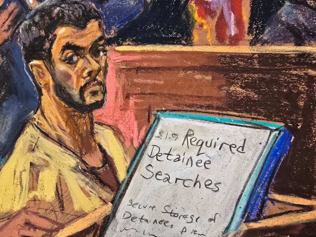 Illustration of Luigi Mangione, accused in CEO killing case, in court for a hearing.